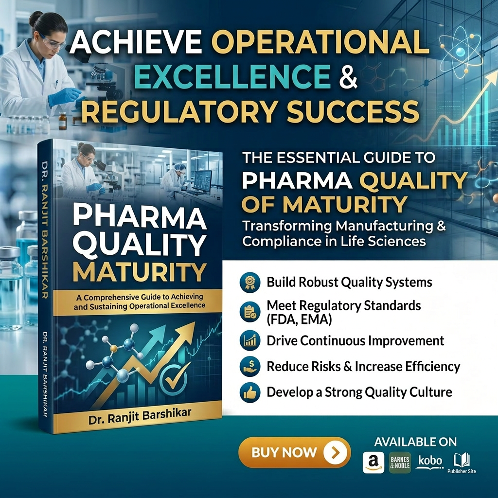 Book cover and details of Pharma Quality Maturity by Dr. Anya Sharma with key benefits and purchase options